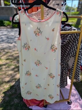 Cream Sleeveless Shift Dress with Floral Embroidery and Pink Trim